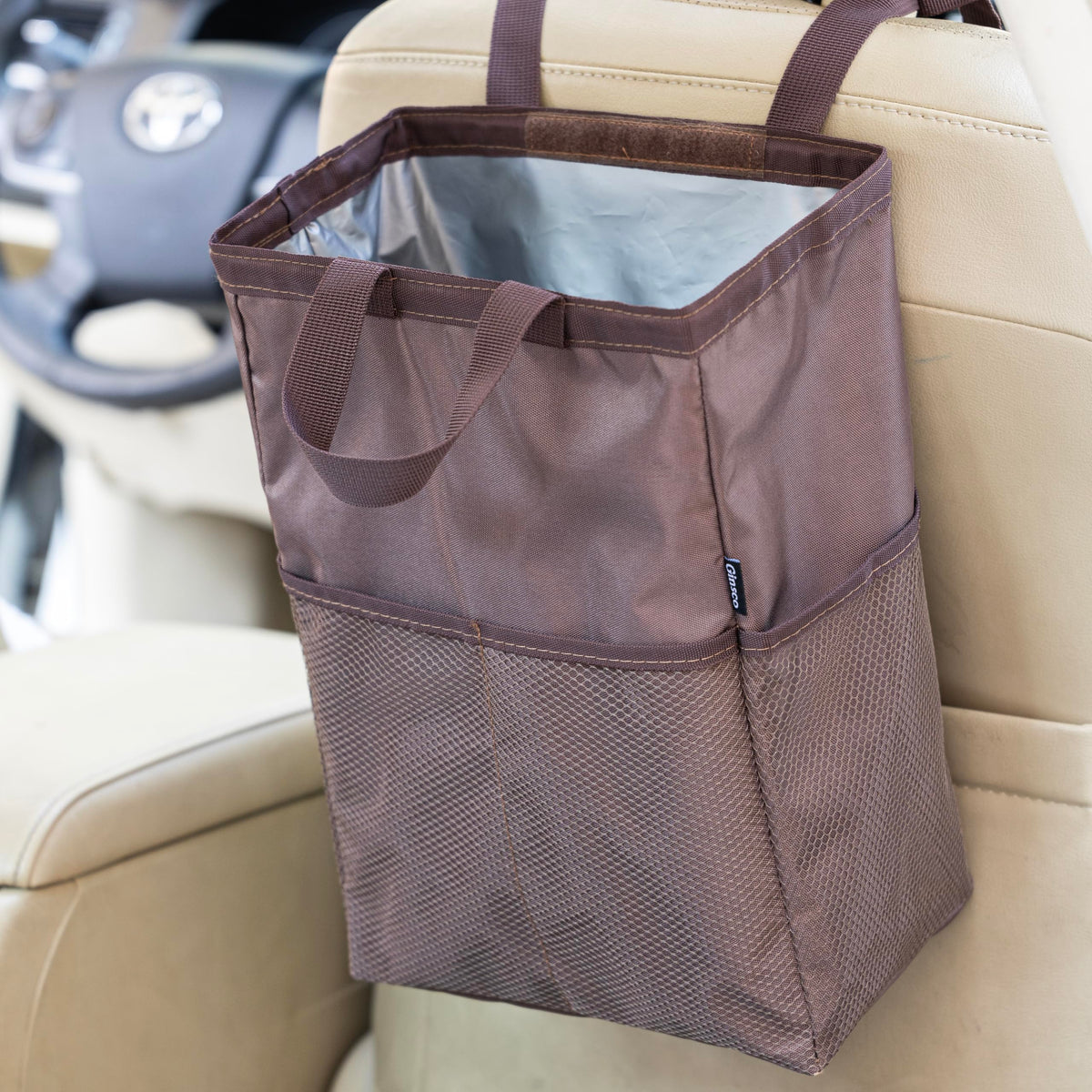 Ginsco New Leak-Proof Travel Car Trash Bag, 3.5 Gallons Large Capacity Hanging Car Trash Can with Hook and Loop Lid and Handle, Multipurpose Trash Bin with Storage Pockets for SUV RV Camping (Black)